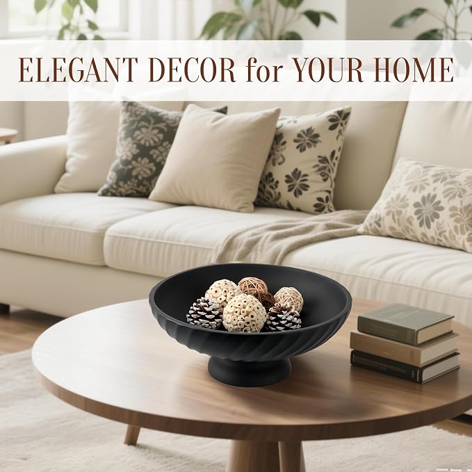 Deobath Large Resin Pedestal Decorative Bowl - Modern Fruit Bowl for Kitchen Counter - Handicraft Bowls for Home Decor - Key Bowl for Entry Table,Matte Black