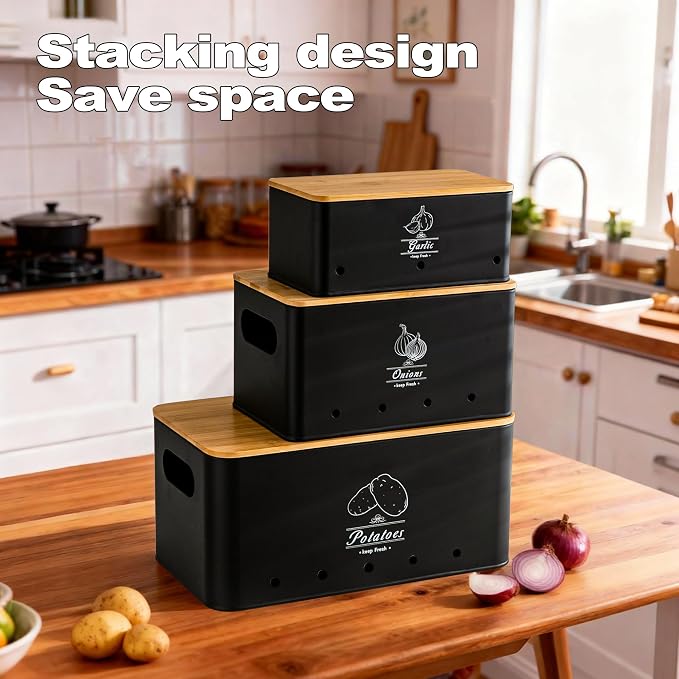 Potato Onion and Garlic Storage Bin Set of 3, Black Metal Kitchen Vegetable Canisters with Bamboo Lid and Aerating Holes, Stackable Kitchen Storage Tin for Countertop Pantry
