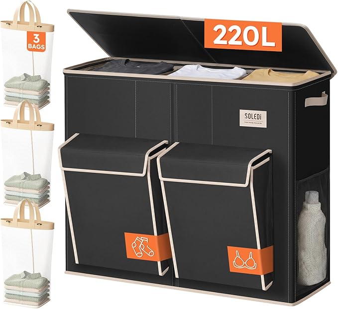 SOLEDI 220L Laundry Hamper 3 Section,Extra Large Laundry Basket with Lid and 2 Side Pockets, Dirty Clothes Hamper with Removable Bag Easy to Carry for Laundry Room, Bedroom, Bathroom, Black