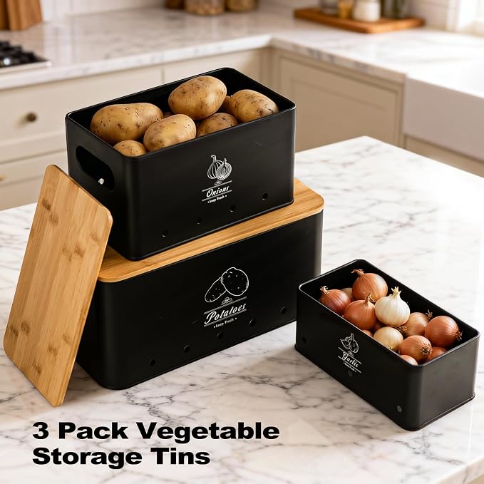 Potato Onion and Garlic Storage Bin Set of 3, Black Metal Kitchen Vegetable Canisters with Bamboo Lid and Aerating Holes, Stackable Kitchen Storage Tin for Countertop Pantry