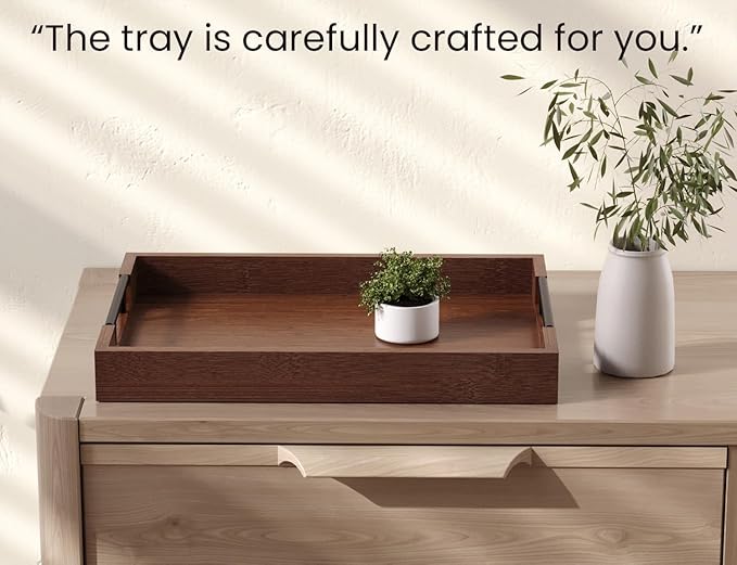 Fibogollo Bamboo Serving Tray with Metal Handles,17x12in Ottoman Decorative Trays Platter for Coffee Table,Living Room,Bar,Party,Large(Brown)