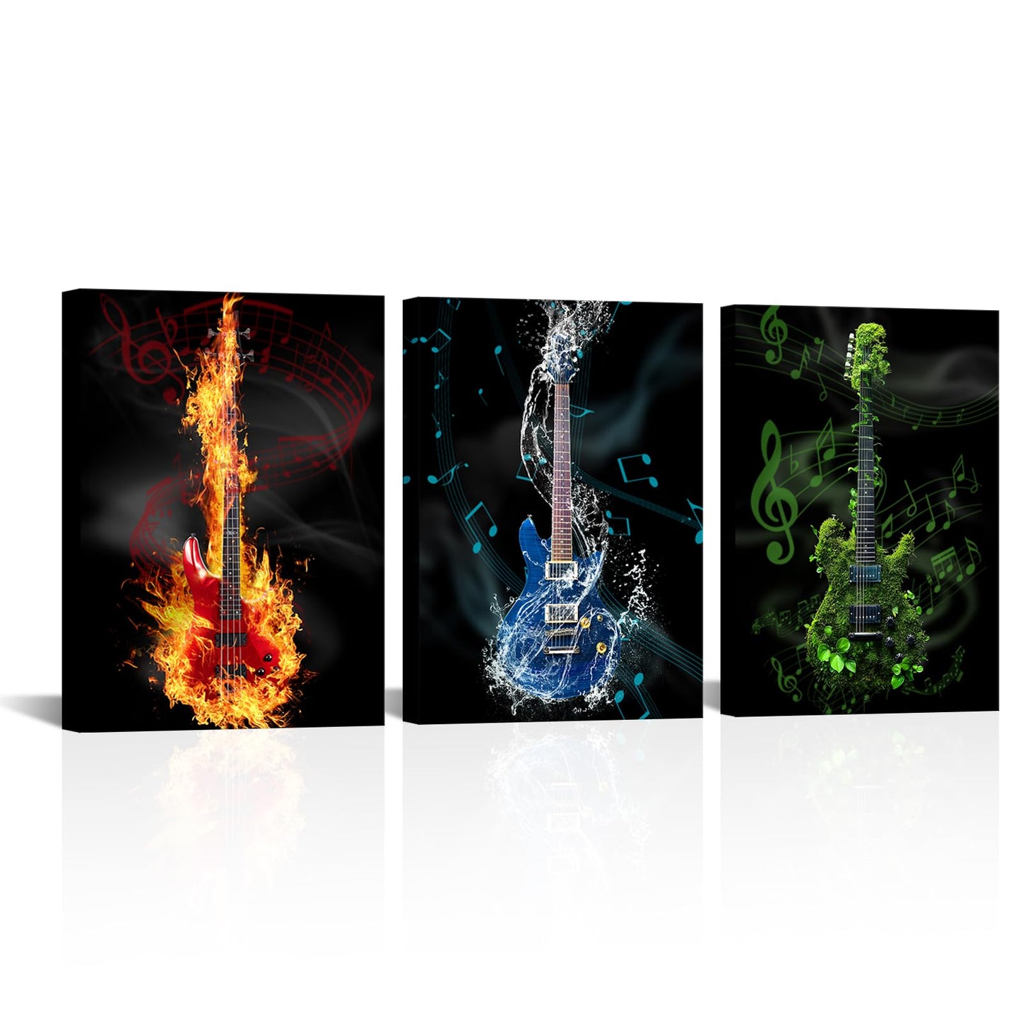 iLOOKLiKE 3 Pieces Red Blue Green Guitar Art Wall Decor Musical Instruments Themed Painting Pictures Music Notes Canvas Prints Framed for Studio Living Room Decoration Ready to Hang 12x16inchx3pcs