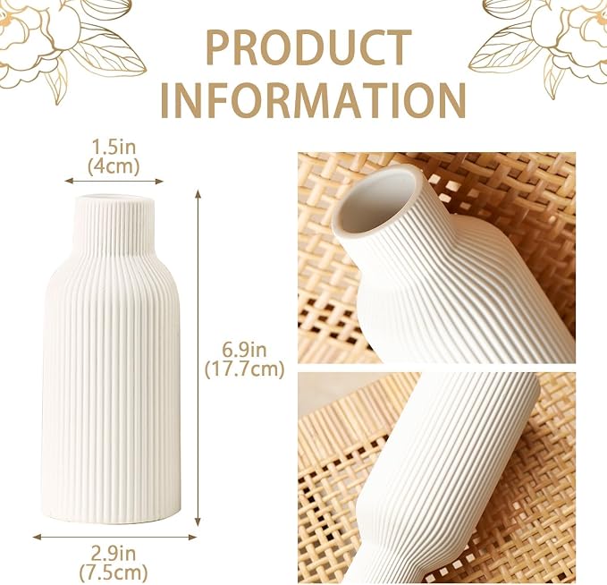 Bohemian White Ceramic Vase - for Pampas Grass, Mantel, Bookshelf, Entryway and Living Room Decor (White, 7in)