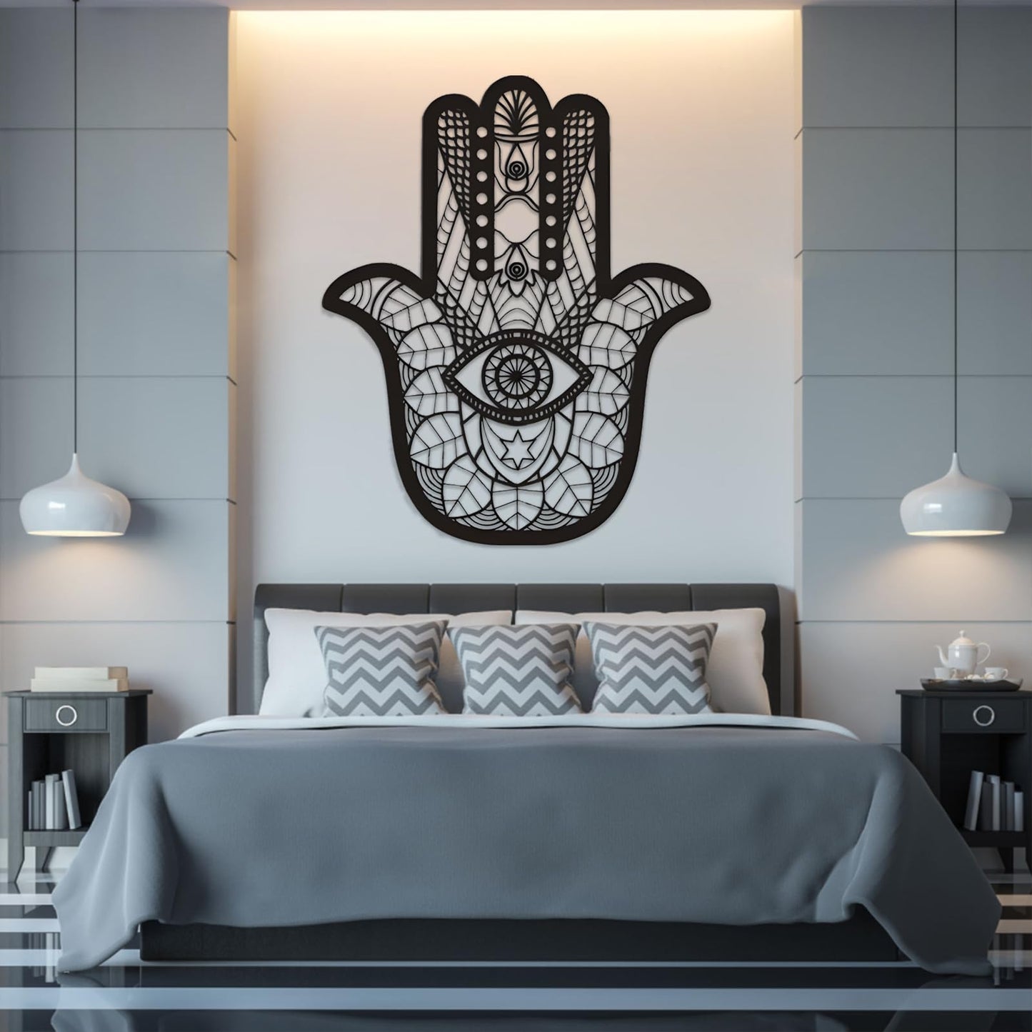 Hamsa Metal Wall Art, Hamsa Hand Wall Art, Hamsa Sacred Geometry Wood Wall Art, Extra Large Wall Decor, Boho Wall Art, Evil Eye Art, Metal Wall Art for Living Room, Housewarming Gift (White, 48 x 39 inch / 121 x 100 cm)