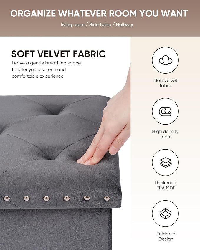 B FSOBEIIALEO Storage Ottoman Cube Folding Tufted Ottomanse, Storage Boxes Footrest for Bedroom, Luxury Velvet Fabric 30 * 15 * 15 Inches Grey
