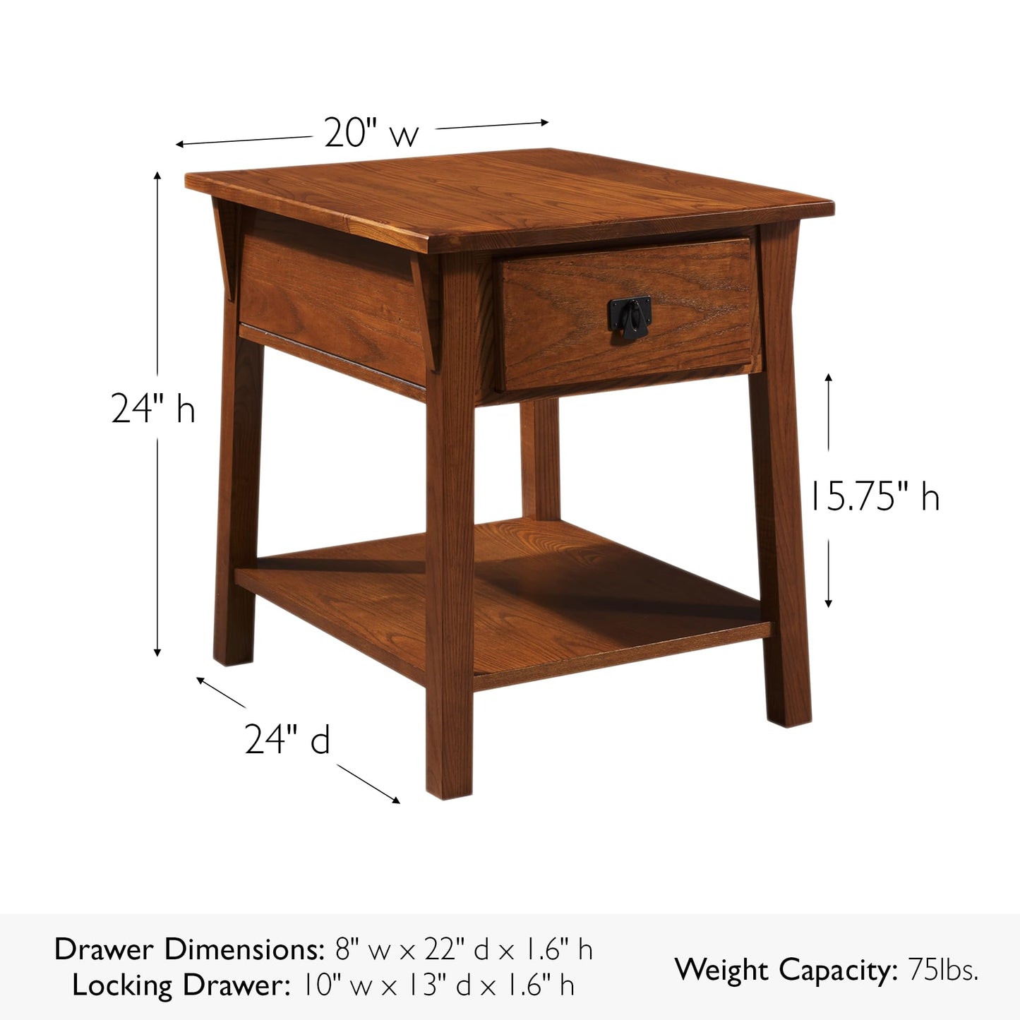 Leick Home Mission End Table, Solid Wood, 1 Storage Drawer, Secret Compartment, Bottom Display Shelf, Easy-Assembly, For Living Room/Bedroom, Russet, 24.0 in. L x 20.0 in. W x 24.0 in. H, 9066-SC