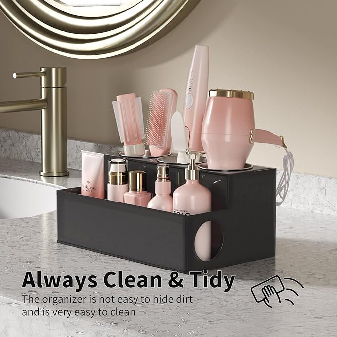 NIUBEE Hair Tool Organizer, Black Acrylic Hair Dryer and Styling Holder, Bathroom Countertop Blow Dryer Holder, Vanity Caddy Storage Stand for Accessories, Makeup, Toiletries