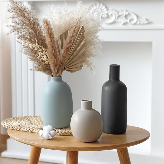 Ceramic Vase Set of 3, Large Neutral Rustic Vases for Farmhouse Decor, Pampas Grass & Dried Flowers and Table Living Room Home Decor