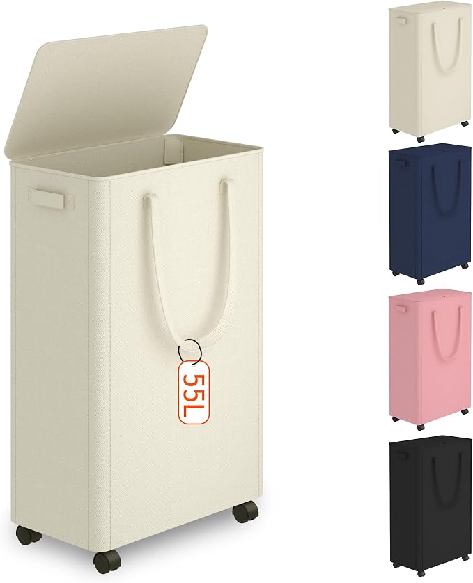 Slim Laundry Hamper with Wheels,15 Gal (55L) Rolling Laundry Basket with lid and wheels Clothes Hamper Foldable Tall Dirty Clothes Basket Sturdy Collapsible Clothes Hamper for Dorm,Laundry Room