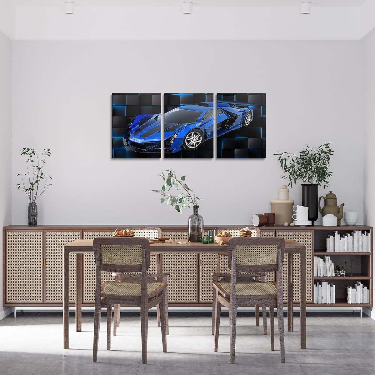 Feelyou Blue Race Car Picture Wall Decor 12"x16" 3 Piece Speed Sports Car Canvas Wall Art Decor Geometric Honeycomb Office Wall Decorations Artwork Posters Extreme Sports Wall Painting
