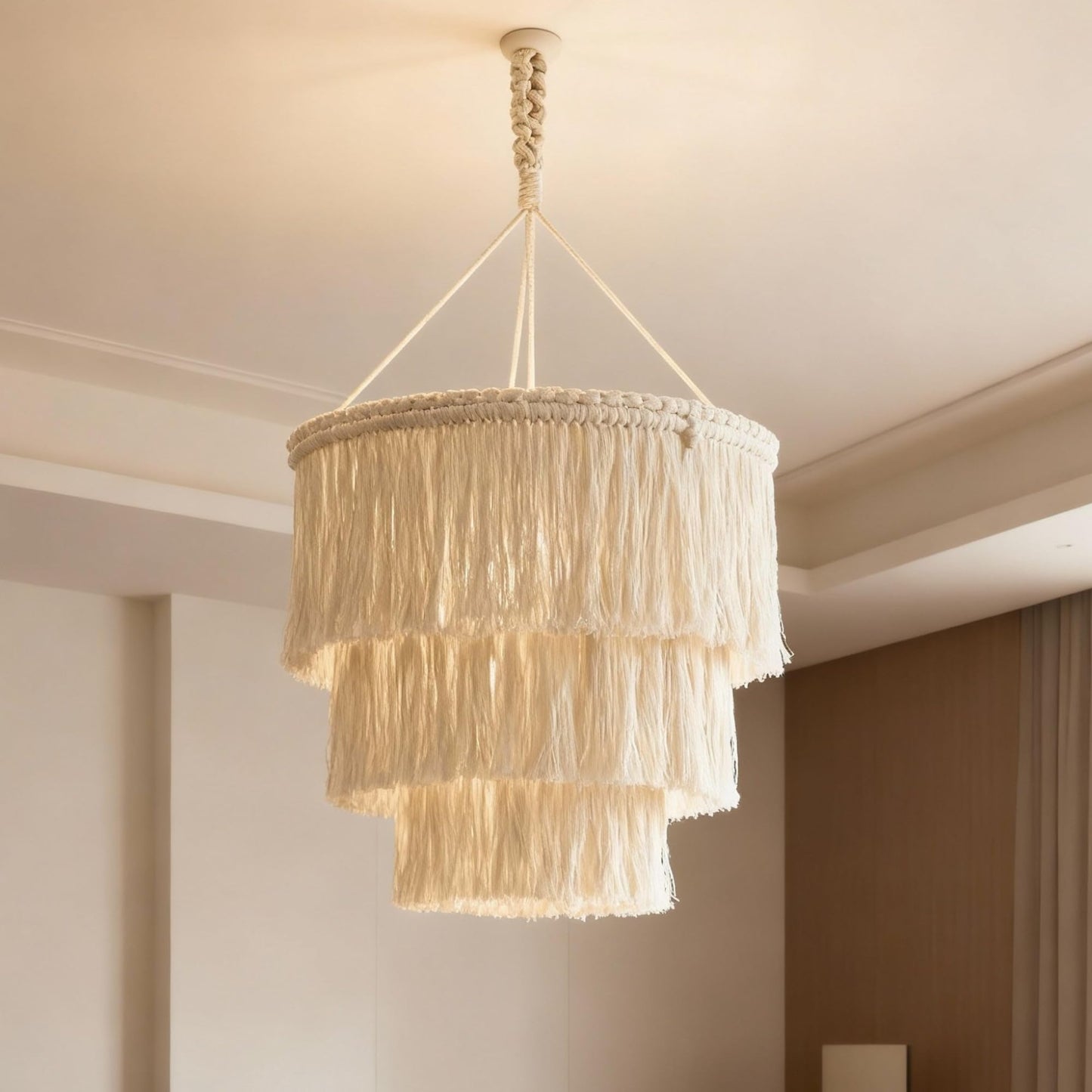 Glooglitter 3 Tiered Boho Chandelier Decoration 11.8 Inch Fringe Pendant Light Fixture Tassel Chandelier Ceiling Decor Farmhouse Rustic Fringe Pendant for Entryway Kitchen Dining Living Room Bedroom