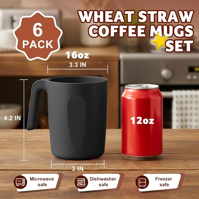 Wheat Straw Coffee Mugs 16 OZ, Unbreakable Drinking Cups with Handle Set of 6, Alternative to Plastic Reusable Coffee Cups, Microwave Safe & Dishwasher Safe Coffee Cup Set for Kichen, Black