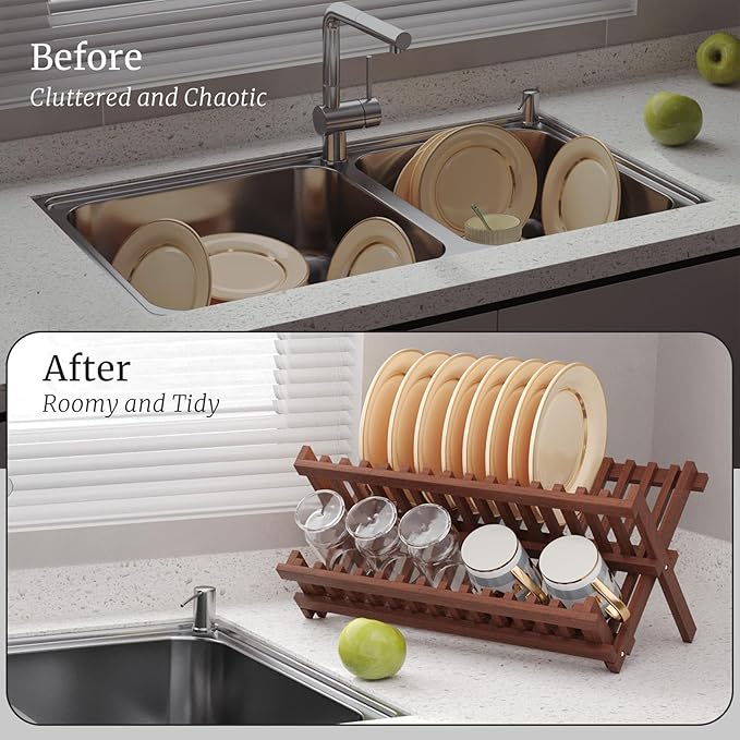 VERTORGAN Teak Dish Drying Rack,Folding Collapsible Drainer Plate Organizer Holder for Kitchen,Foldable Spice Rack for Countertop and Cabinet,Pantry Organization and Storage