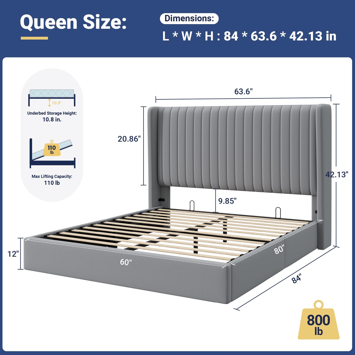 Allewie Queen Size Lift Up Storage Bed Frame, Hydraulic Support System, Upholstered Platform Bed Frame, Underneath Storage, Vertical Channel Tufted Headboard with Wingback, No Box Spring Needed, Grey