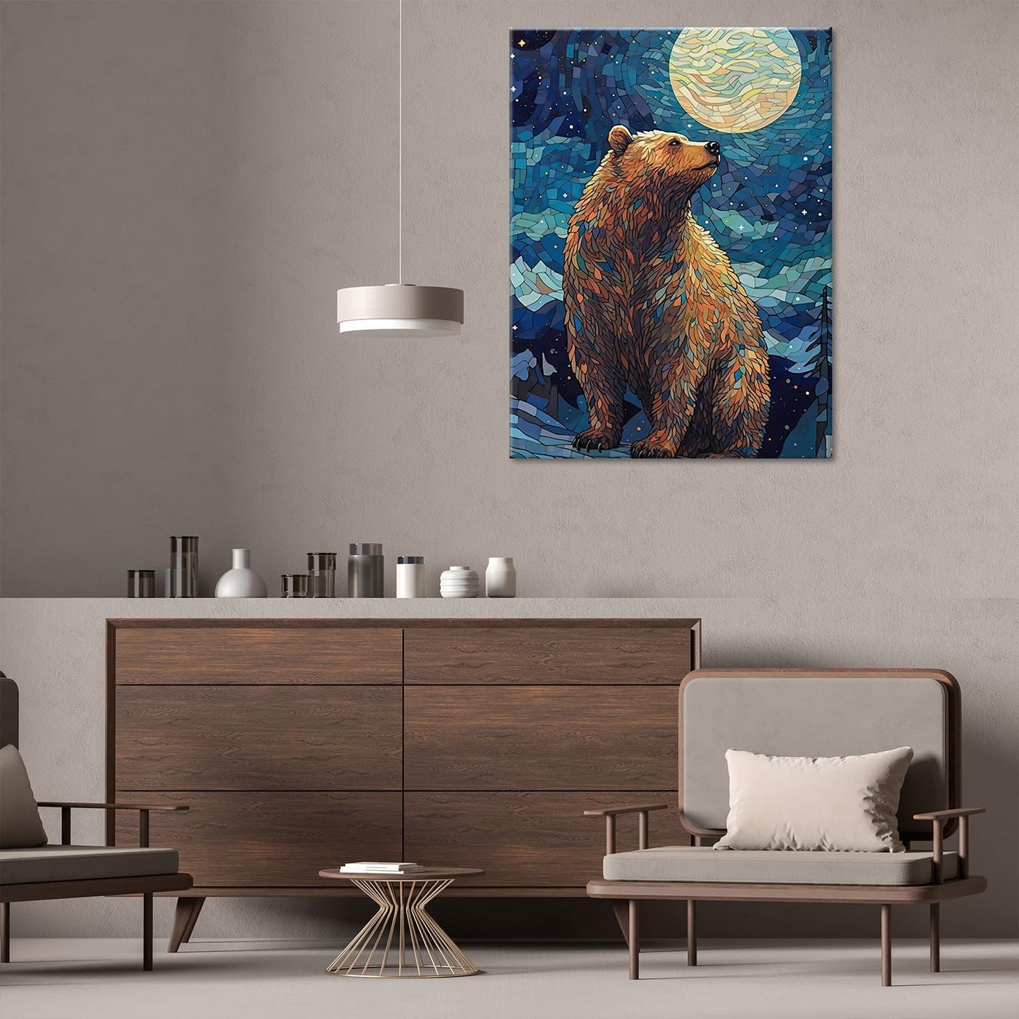Mosaic Bear Wall Art,Starry Sky Dreamy Constellation Animal Canvas Print,Kid's Room Colors Wall Art,Wildlife Nature Home Decor,Modern Canvas with Framed Canvas Print,Framed 12 X 16in