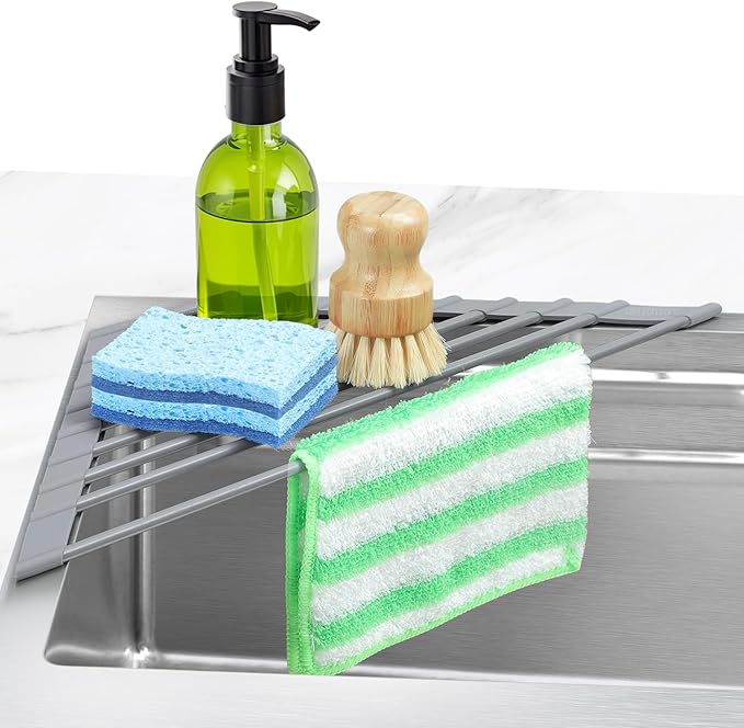 Ohuhu Triangle Roll Up Dish Drying Rack, Silicone Wrapped Steel Anti-Slip Sink Corner Rack Caddy Multipurpose Strainer for Kitchen Sink Trivet Space-Saving