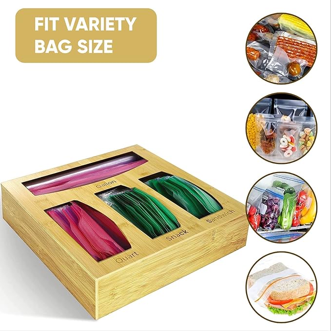 Food Ziplock Bag Storage Organizer For Kitchen Drawer, Bamboo Baggie Holder, Compatible With Ziploc, Solimo, Glad, Hefty For Gallon, Quart, Sandwich And Snack Variety Size Bags(1 Box 4 Slots)