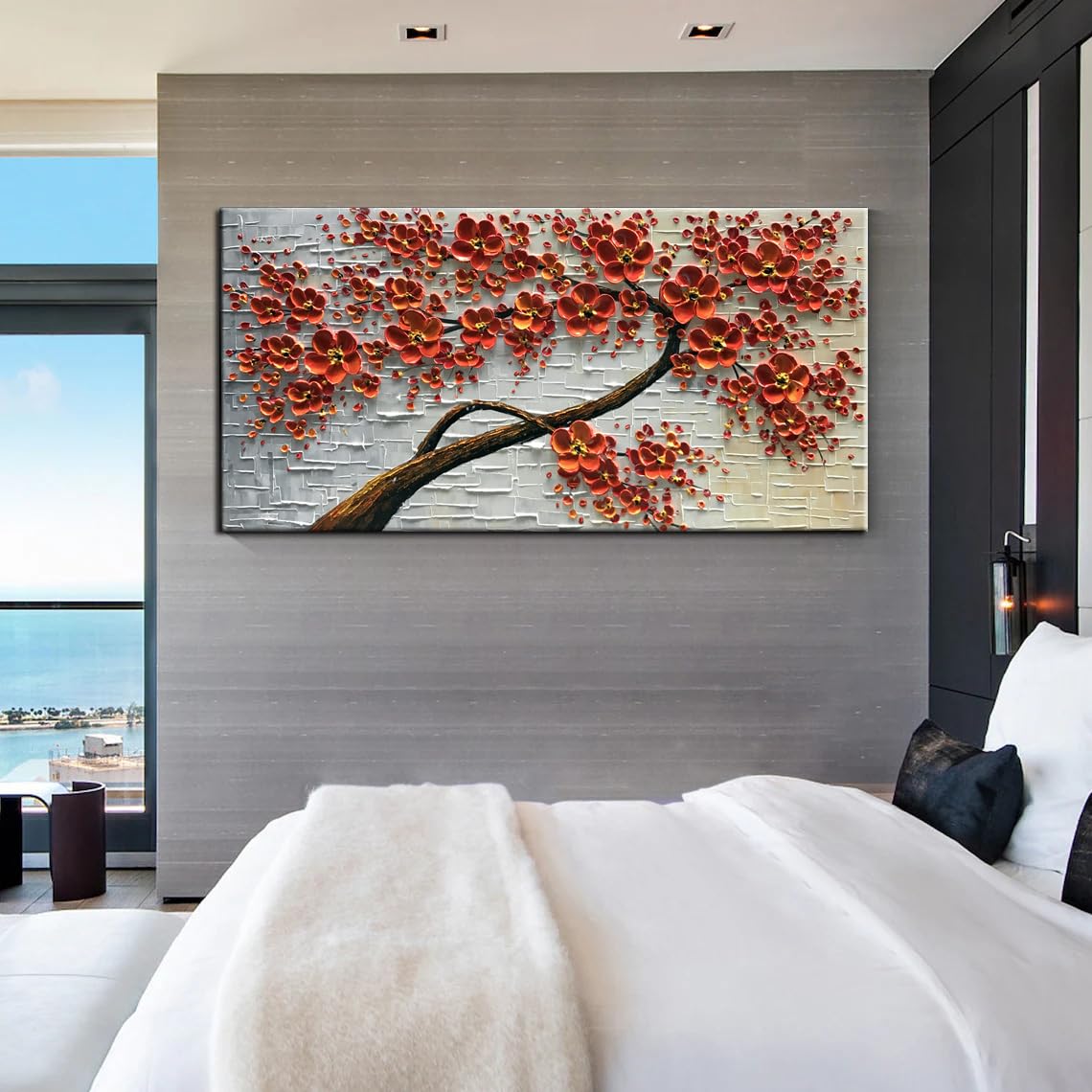 YaSheng Art -Large 3D Textured Framed Abstract Floral Oil Painting ,Wall Art for Living Room,hand painted Canvas Wall Art, Bedroom Wall Art Decor, 3D Red Floral Artwork, Modern Home Wall Decor 60x24inch