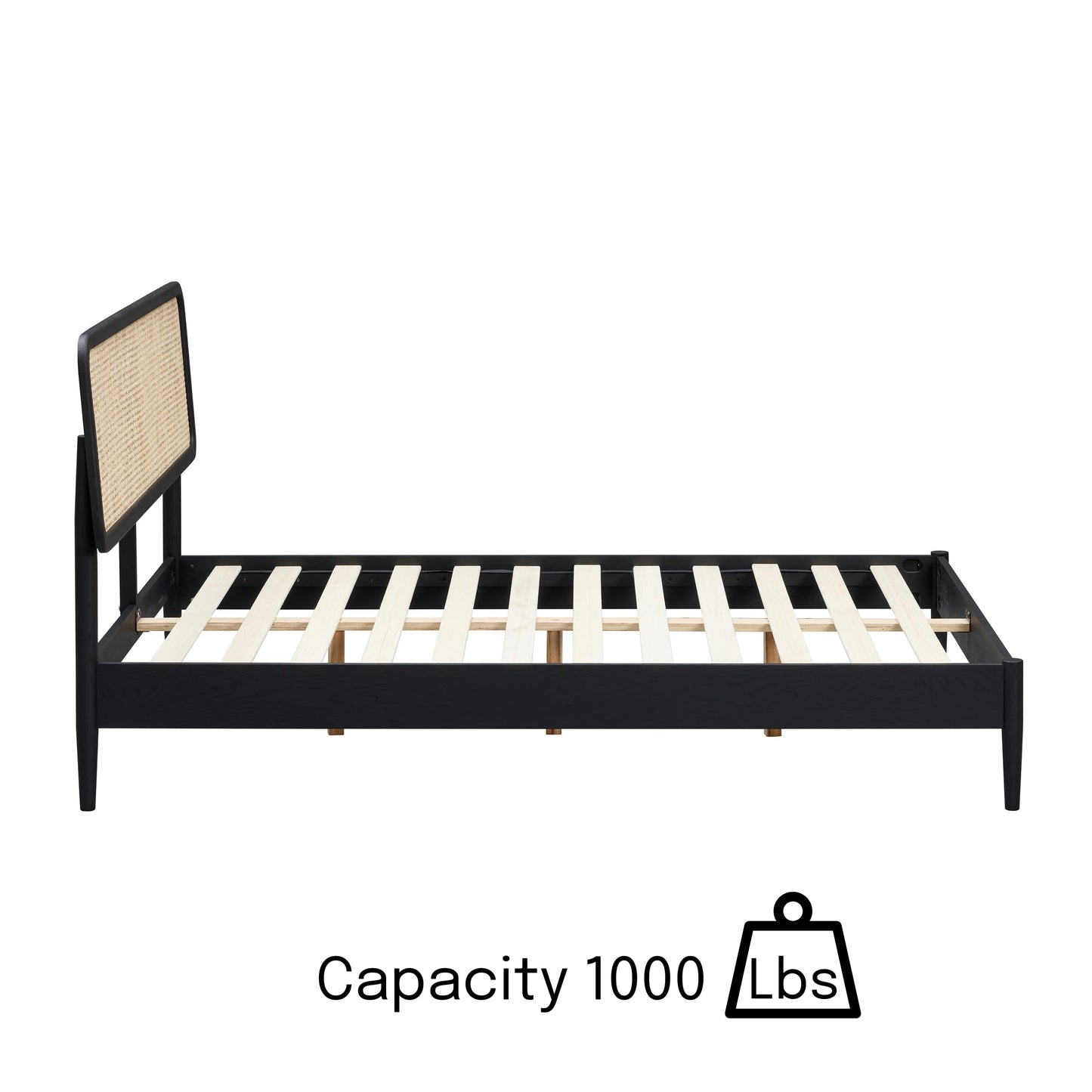 NTC Lupin Wooden Bed Frame with Headboard and Natural Rattan, Solid Oak Foundation with Silent Slats, 1000 Lb Capacity, Effortless Assembly, Queen - Burnt Black