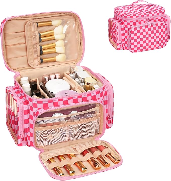 Bagmoly Large Checkered Makeup Bag, Travel Makeup Bag Organizer for Women Girls with Makeup Brush Compartment & Two Side Pockets, Cosmetic Travel Bag Vertical Storage Toiletry Bag- Hotpink