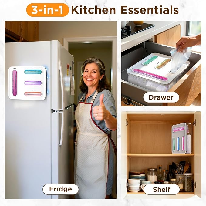 OUTXE Bag Organizer for Drawer + Fridge, Magnetic Kitchen Baggie Storage | Pantry Organization for Ziplock Plastic Food Bags | Compatible with Snack Sandwich Quart Gallon (White)