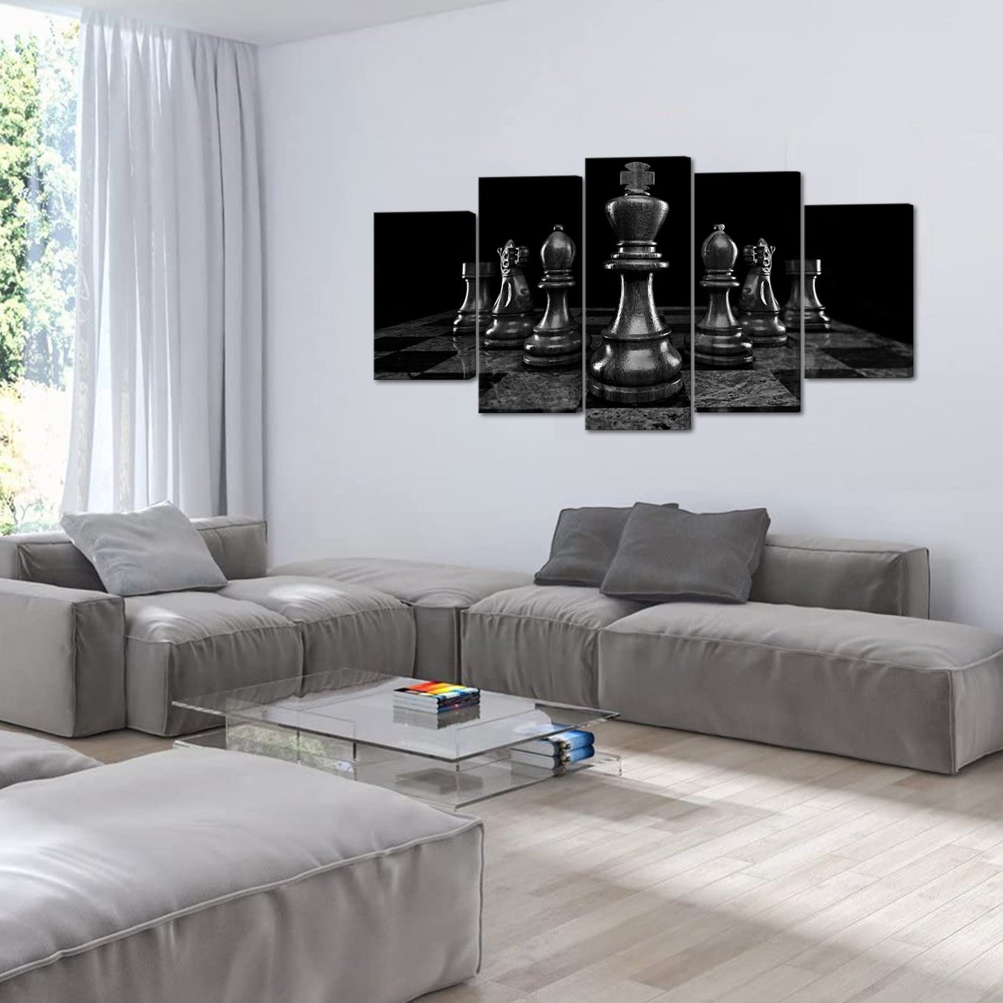 Conipit Chess Canvas Wall Art for Living Room Chess Board Wall Print Black King Knight Painting Chess Setup International Chess Picture Framed 5 Piece(total 60x32 inch)