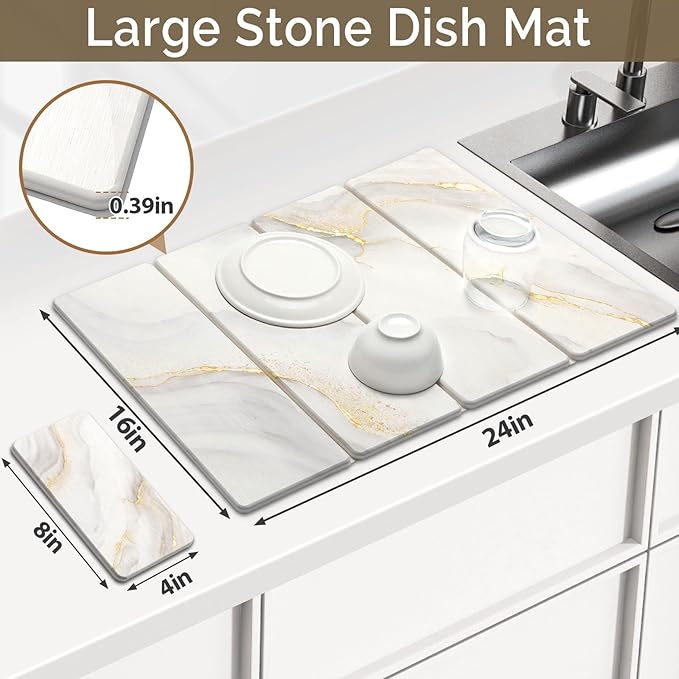 Large Stone Dish Drying Mat for Kitchen Counter, 2 PCS Quick Dry Stone Mats, Foldable Water Absorbing Diatomaceous Earth Drying Dishes Pad for Countertop Bottle Utensil Cup(Yellow White 24"x16"&8"x4")