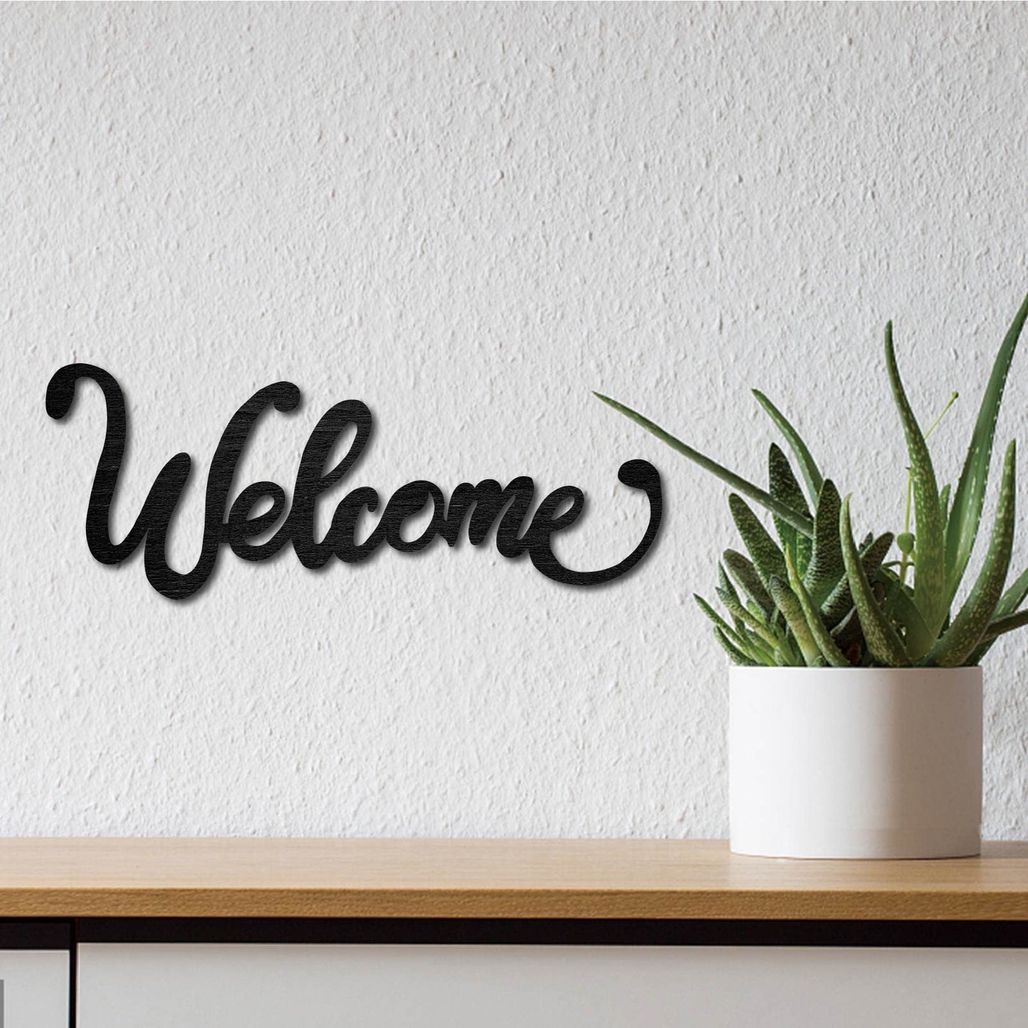 CREATCABIN Wood Cutout Welcome Sign Laser Cut Wooden Wall Decor Sculpture Hanging Decor Wall Art Decoration for Home Gallery Office Front Door Black 12 x 4.5 inch