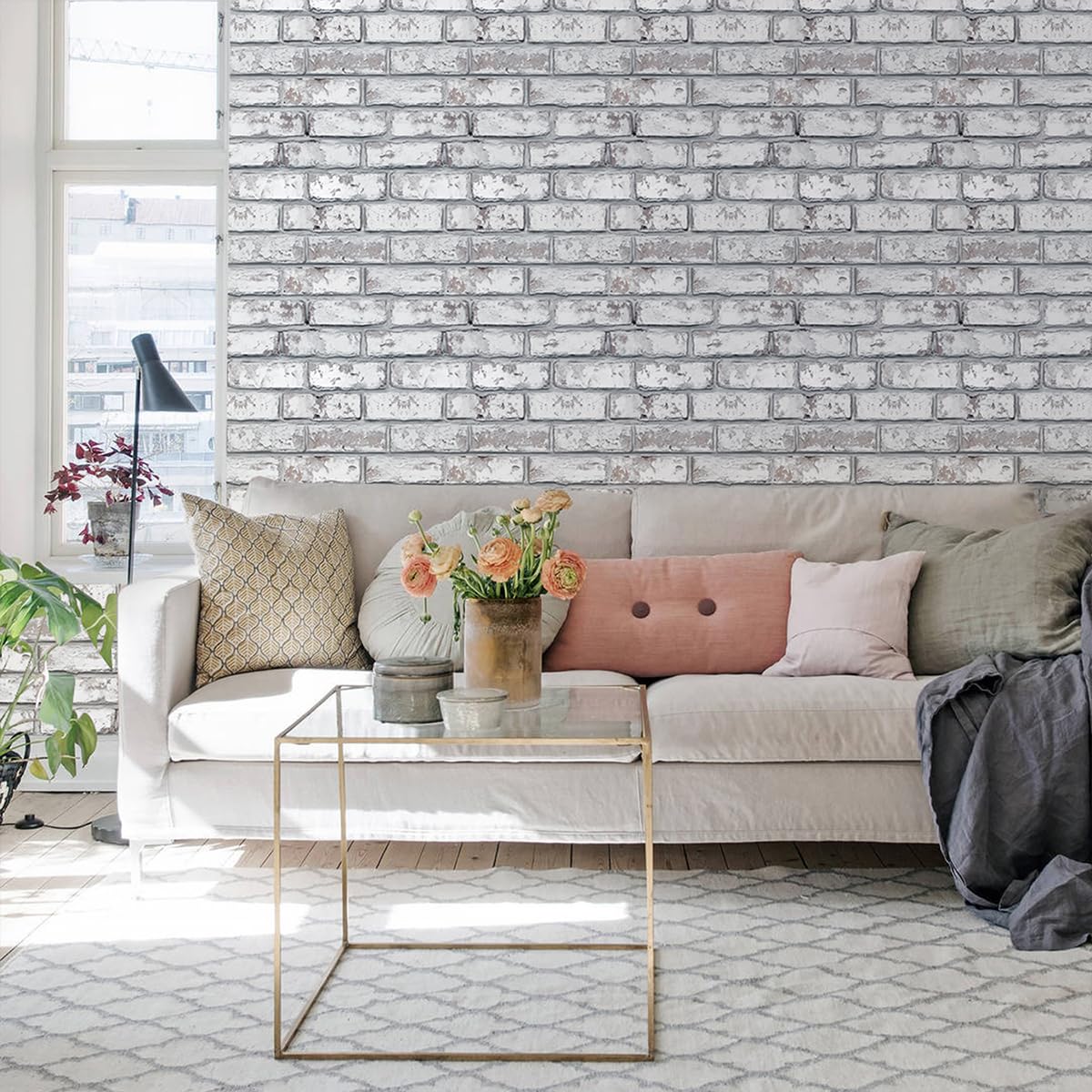 Commomy 10 Pcs 3D Faux Brick Wall Panels -11.8"X11.8" Small Size PVC Grey Whitewash Brick Peel and Stick Tiles Backsplash DIY Brick Wallpaper Wall Tile for Bedroom, Kitchen, Fireplace,RV