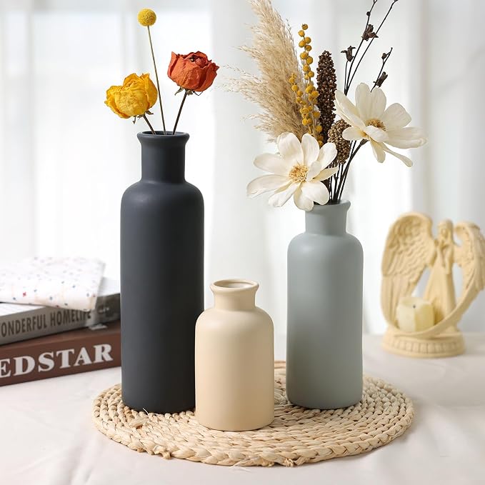 Ceramic Vase Set of 3, Neutral Rustic Vases for Farmhouse Decor, Pampas Grass & Dried Flowers and Table Living Room Home Decor