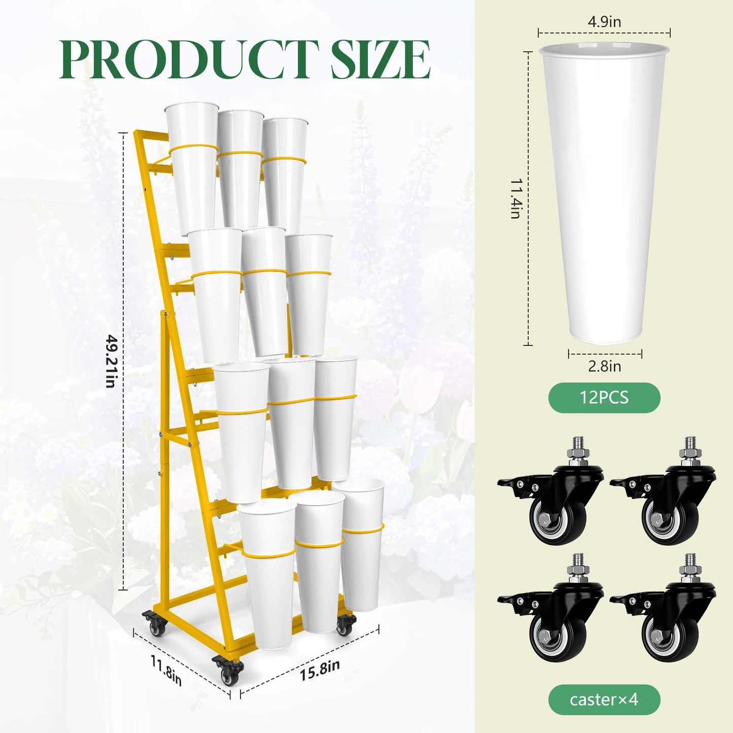 ZpigToor Flower Display Stand With 12 Buckets,4-Tier Flower Bar with Wheels,Flower Cart Display Stand for Florist Garden Wedding Home Decor (Gold)