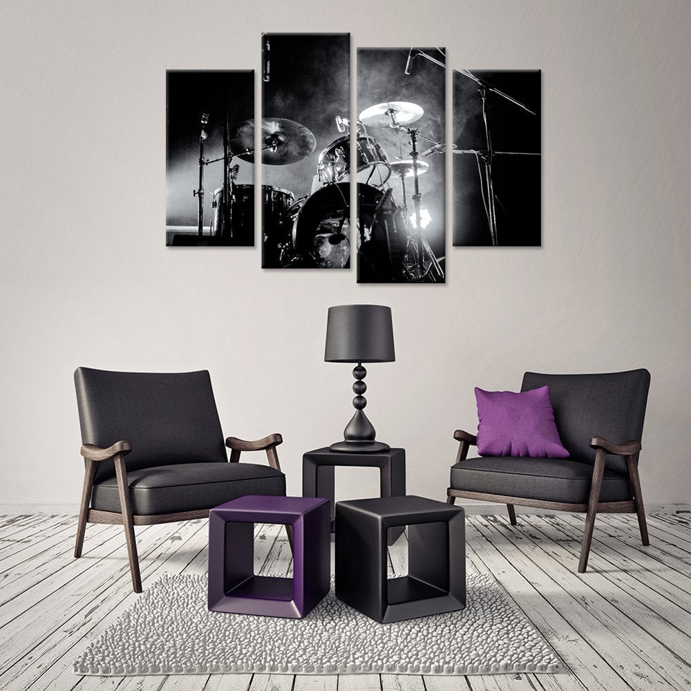 iHAPPYWALL 4 Piece Music Series Wall Art Rock Band Shelf Drum Set With Lights In Black And White Background Modern Home Decor for Living Room Bedroom