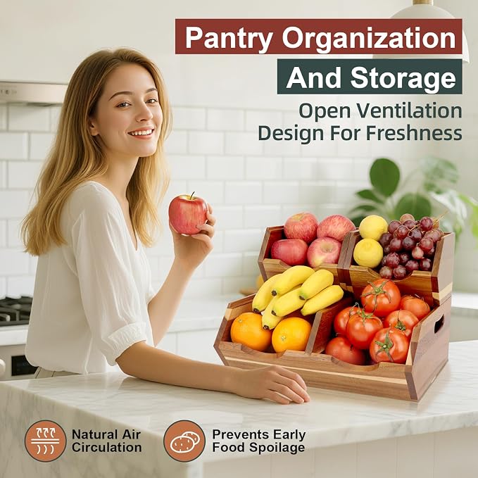 Acacia Wood Pantry Storage Bins, Stackable Potato and Onion Storage Bins for Kitchen Countertop, Set of 3 Wooden Pantry Organizer Baskets for Fruit, Vegetable, Snack