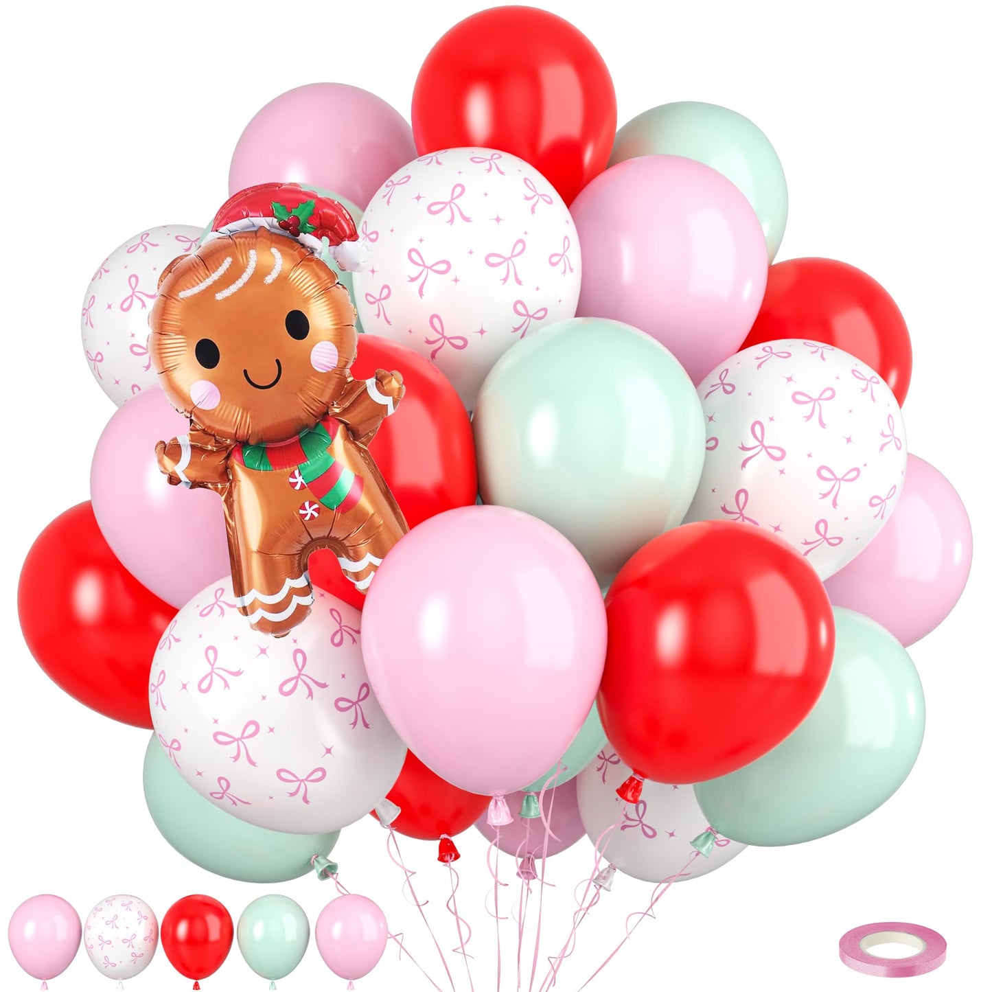 Christmas Balloons, 60pcs Pink and Red Green Balloons with Gingerbread Man Foil Xmas Balloon, Pastel Green Red and Pink Bow White Balloon for Christmas Party Decorations Birthday New Year Supplies