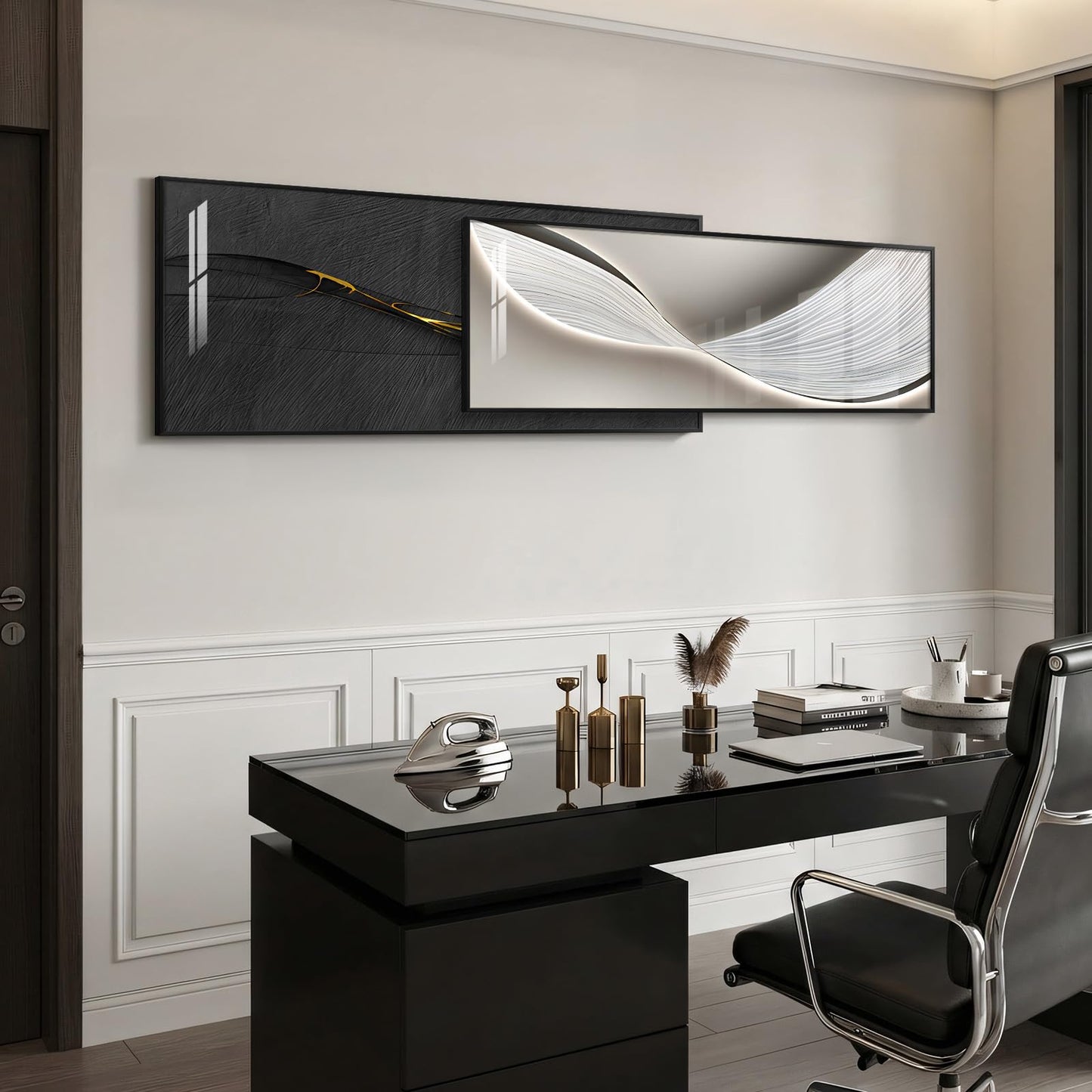 Extra Large Framed Modern Abstract Wall Art for Living Room, Set of 2 Long Horizontal Prints Paintings, Minimalist Black and White Pictures for Hallway Bedroom Dining Room Office Wall Decor