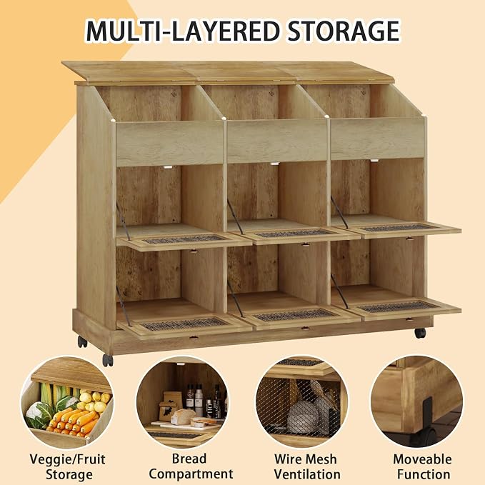 Large Potato Storage Bin, Wooden Bread Bins with Wheel, Onion Storage Bin, Storage Box for Kitchen Pantry, Brown