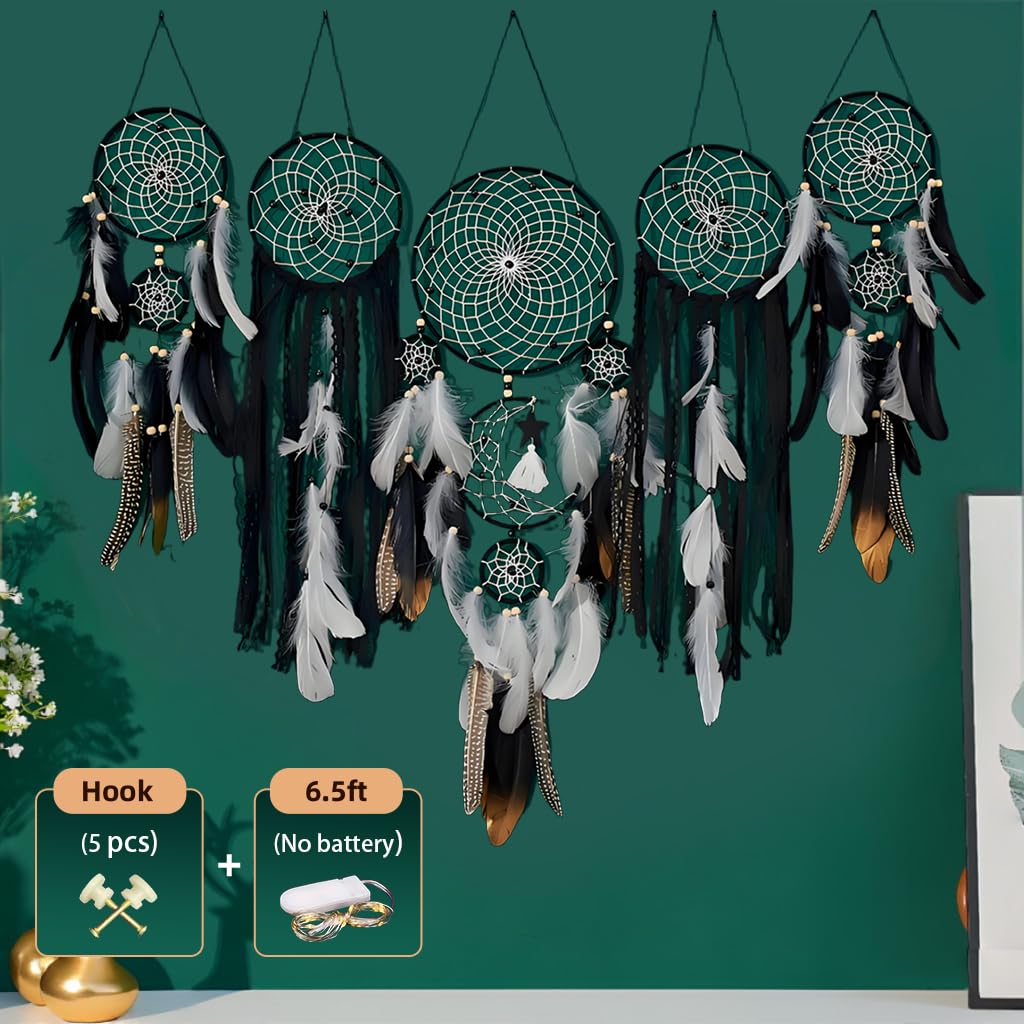 Handcrafted Dream Catcher Wall Decor Set, 5 Pieces, Round Shape, 10 Inch Diameter, Cotton and Feather, Art Deco Style, Moon and Star Design, Indoor Hanging Ornaments (5, Brown)