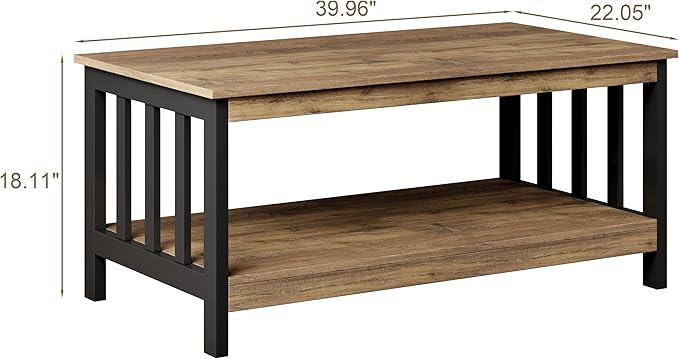 ChooChoo Farmhouse Coffee Table, Living Room Table with Shelf, 40 Rustic Oak & Black