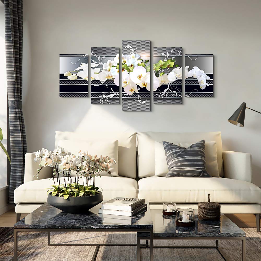 5 Piece Wall decor Canvas art for living room Picture Butterfly Orchid Flowers Contemporary Black White Abstract prints Modern Home bedroom Wall decorations inspirational wall art posters artwork