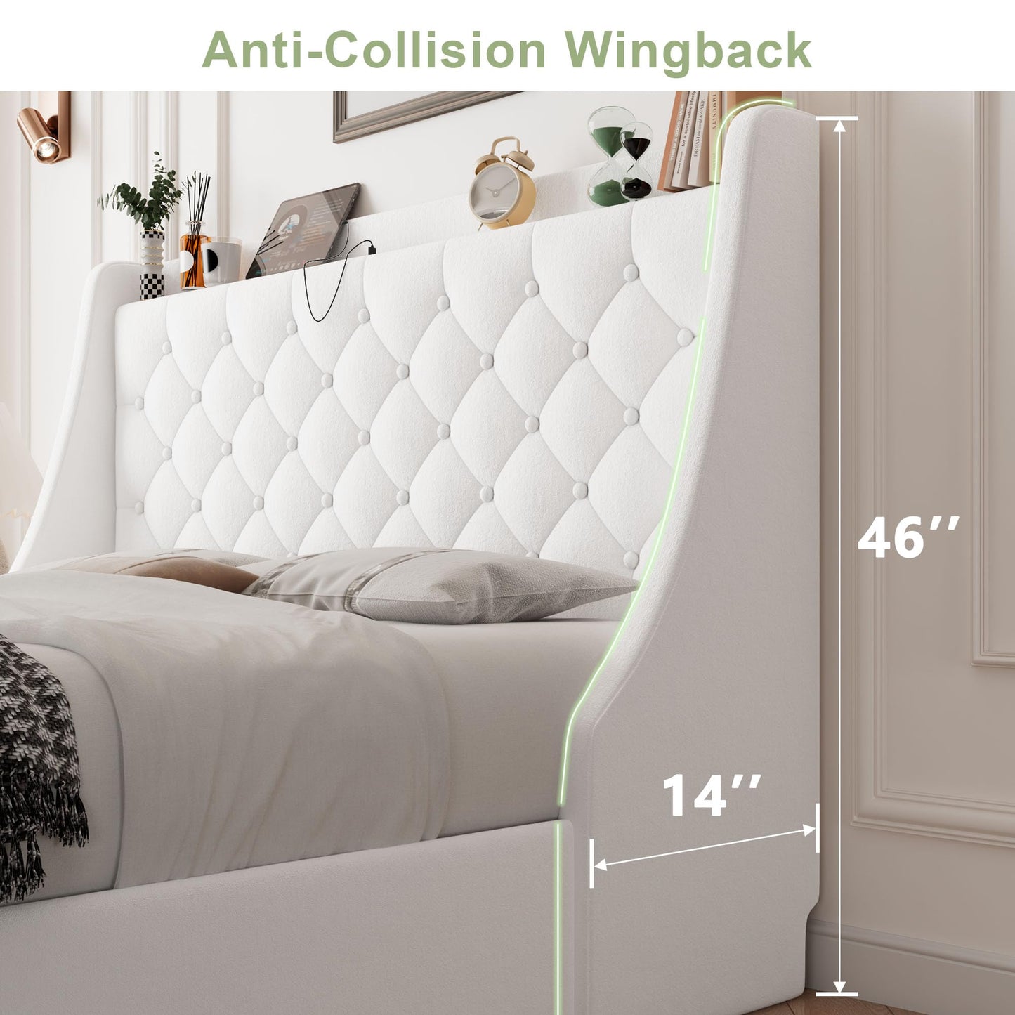 Feonase Upholstered Queen Size Bed Frame with 4 Storage Drawers, Charging Station, Tufted Wingback Storage Headboard, No Box Spring Needed, Easy Assembly, White