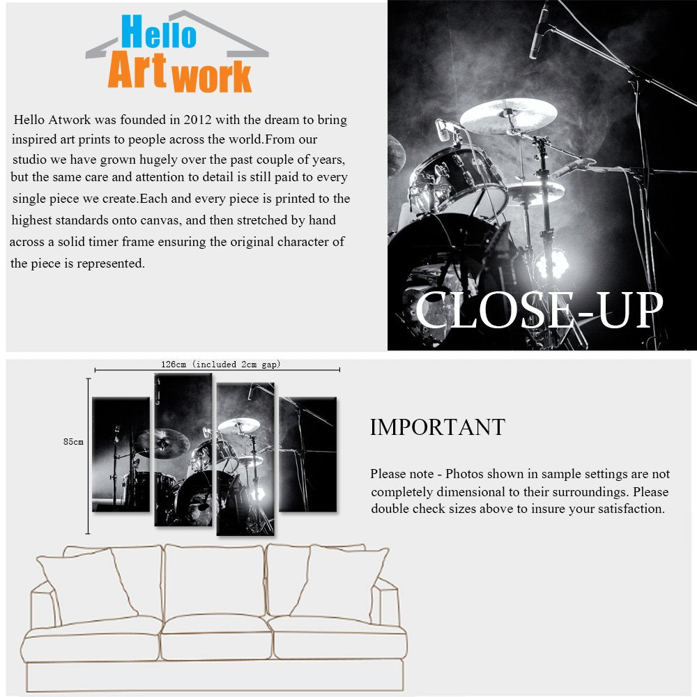 iHAPPYWALL 4 Piece Music Series Wall Art Rock Band Shelf Drum Set With Lights In Black And White Background Modern Home Decor for Living Room Bedroom