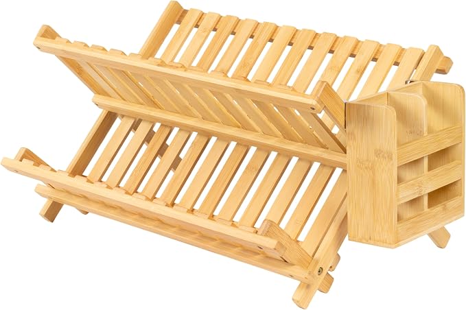 happimess DSH2000A Arlen Farmhouse Bamboo Foldable 2-Tier Dish Drying Rack with Detachable Utensil Holder, Natural