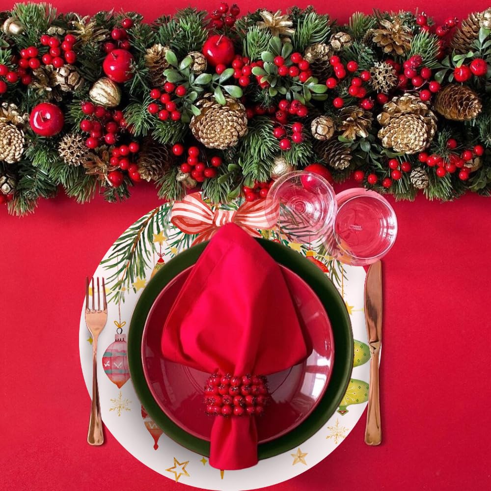 50 Pack Christmas Paper Placemats 13.7 Inch Xmas Disposable Round Place Mats Winter Christmas Ball Table Mats for Holiday New Years Party Home Dinner Table Setting