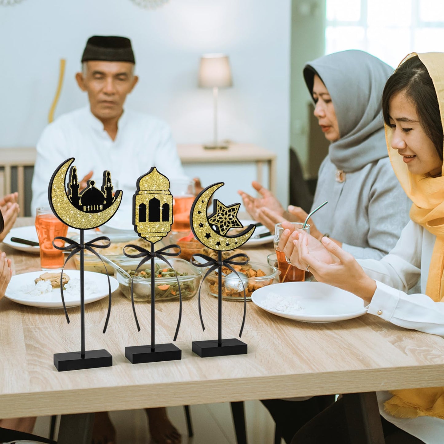 3 Pieces Ramadan Decorations Eid Mubarak Table Decor Wooden Set, Islamic Ramadan Tiered Tray Decor for Muslim Party Tabletop Decor Home (Shiny)