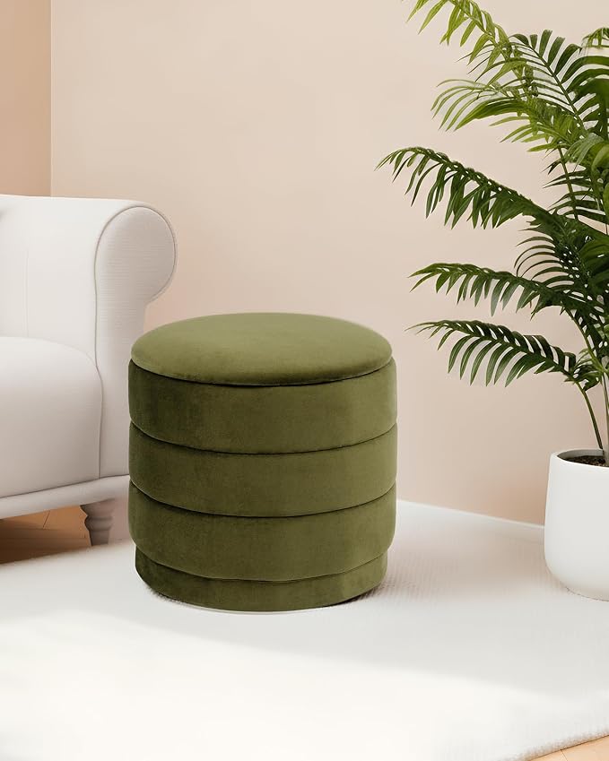 B FSOBEIIALEO Round Velvet Storage Ottoman with Tray, Folding Ottoman with Storage Coffee Table Foot Rest for Dorm Room, Living Room Olive, 15.35"x15.35"x14.57"