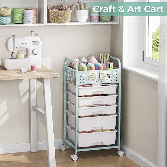5 Drawer Rolling Storage Cart with Pegboard Top and Hooks, Mobile Utility Organizer with Wheels for Office Supplies, Craft Storage, Classroom Organization, Home Storage Cart, Green
