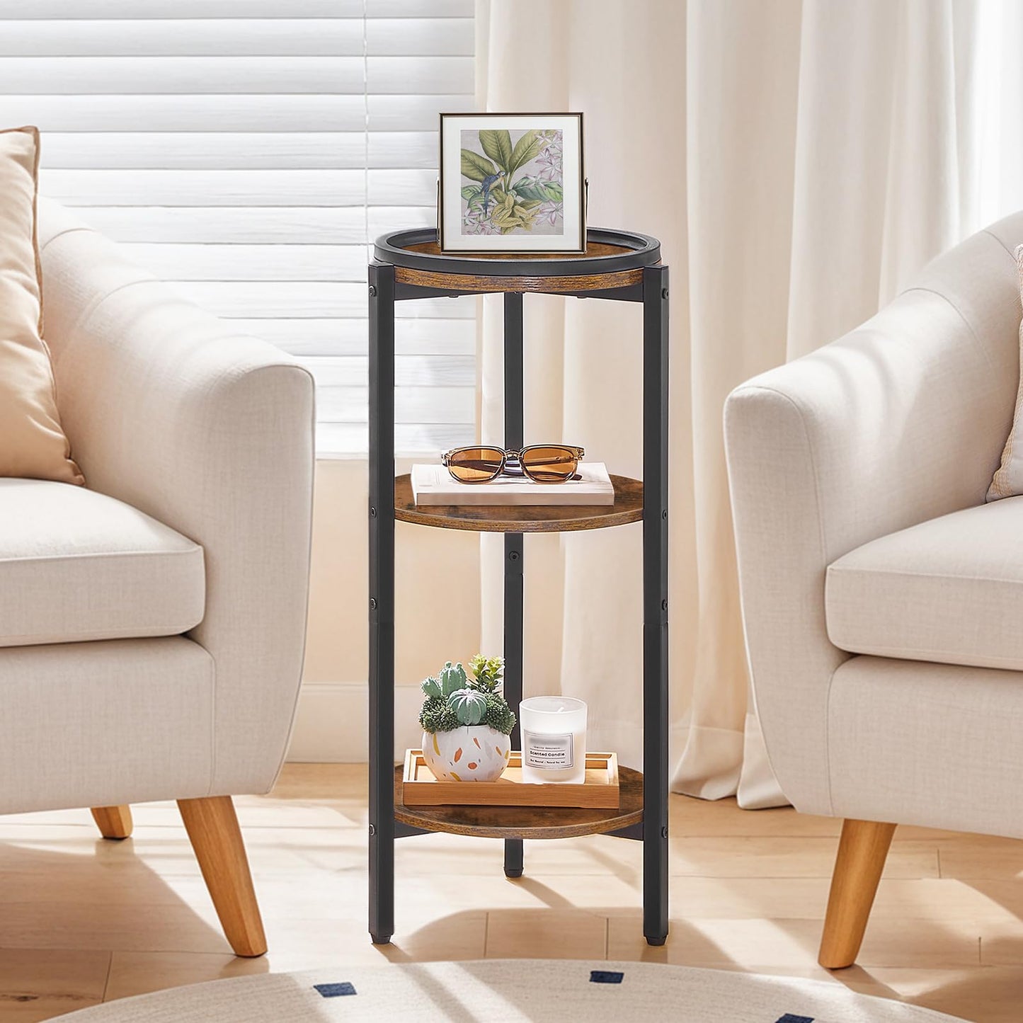 HOOBRO Small Round Side Table, 3-Tier Tall Coffee Drink Table for Sofa Couch, 28.7" H Slim Nightstand, Circle Accent End Table for Living Room, Corner, Bedroom, Rustic Brown BF182BZ01