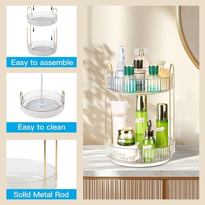 360 Rotating Makeup Organizer - Large Capacity Spinning Perfume & Cosmetic Skincare Holder for Countertop (Pearl White, 2 Tier)