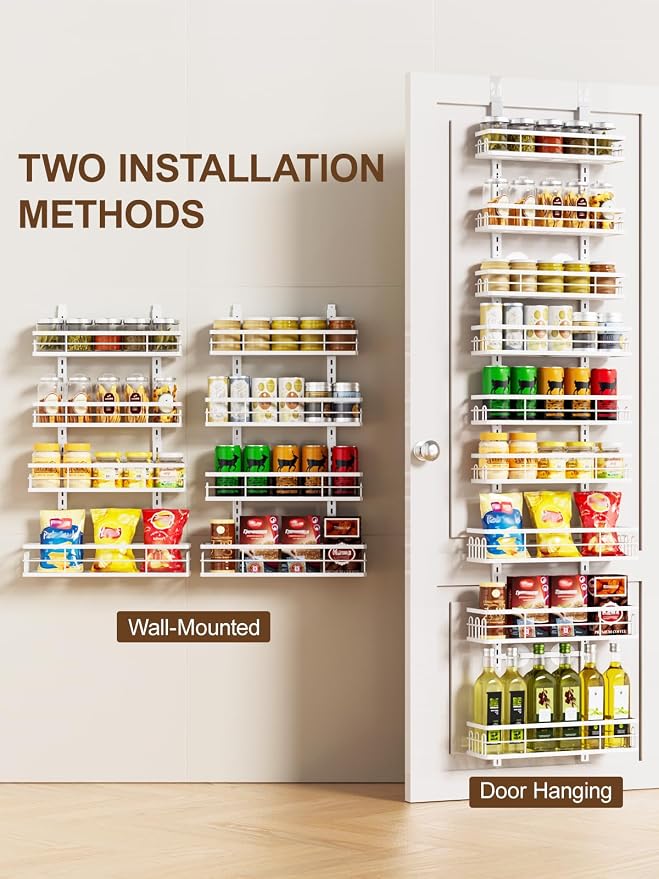 Delamu 9 Tier Over The Door Pantry Organizer, Pantry Organization and Storage, Hanging Spice Rack for Pantry Door Organizer, Metal Pantry Door Shelves for Kitchen Bathroom Laundry Room,15.3" White