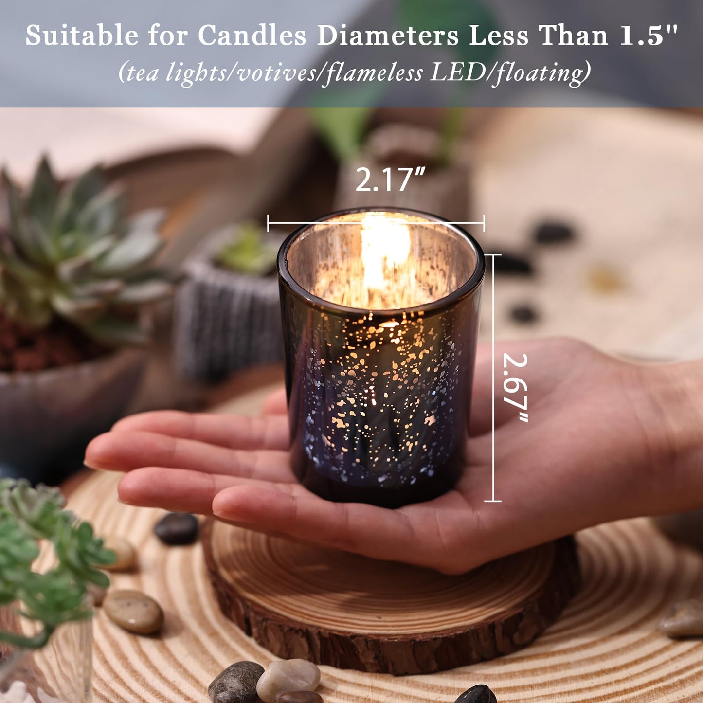 Volens Navy Votive Candle Holders Set of 12, Speckles Mercury Glass Tealight Candle Holder Bulk for Table Wedding Centerpiece, Navy Blue and Gold Themed Party Decorative & Home Decor